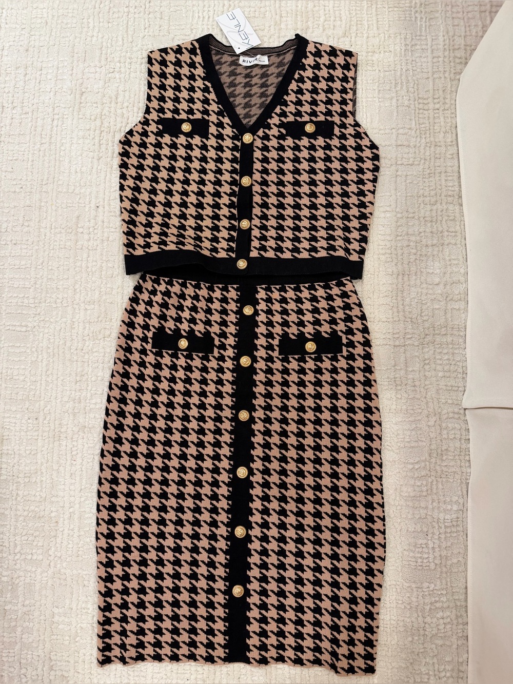 RIVIR Houndstooth Knit Two-Piece Skirt Set Size Large NWT